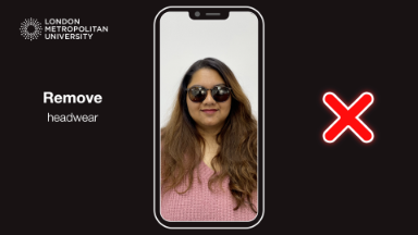 A photo of a student, on a cartoon phone wearing sunglasses with a red X on the right