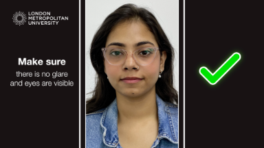 A photo of a student, on a cartoon phone wearing glases with a green tick on the right
