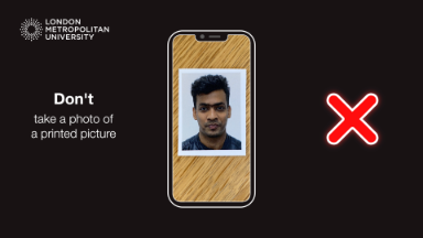 a cartoon phone, with a photo of someone having taken a photo of a passport photo, with a red X on the right of the screen